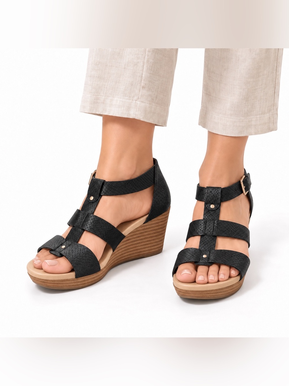 Dr. Scholl’s Barton Black Snake Embossed Platform Wedge Sandals Size 8